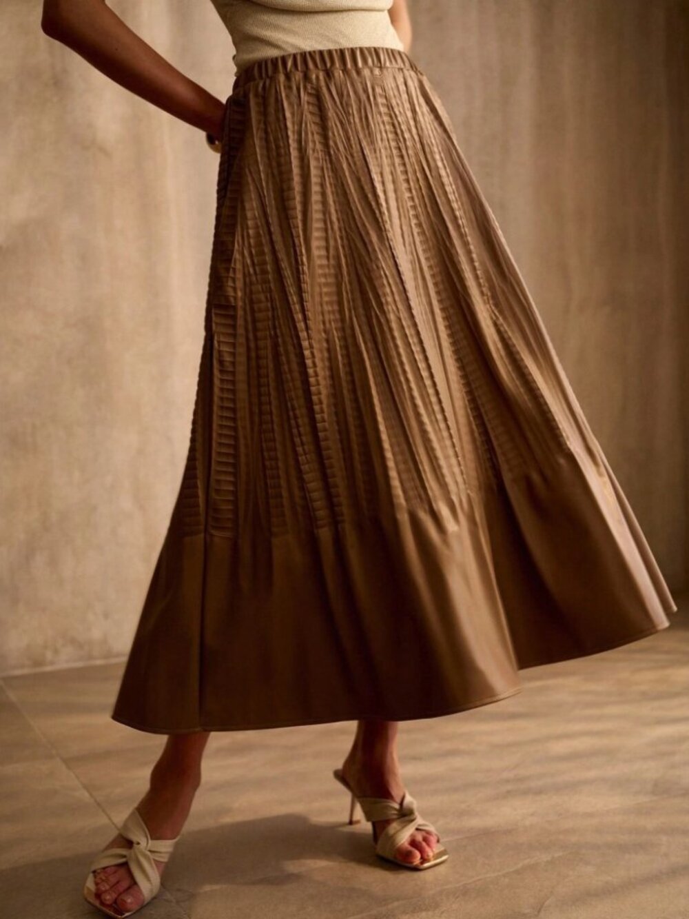 Brown Faux Leather Crinkled Pleated Elastic Waist A-Line Maxi Skirt